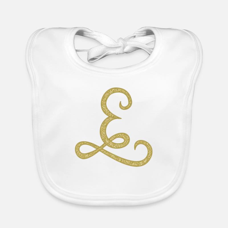 E - gold, letter, alphabet, monogram - Organic Baby Bibs - white