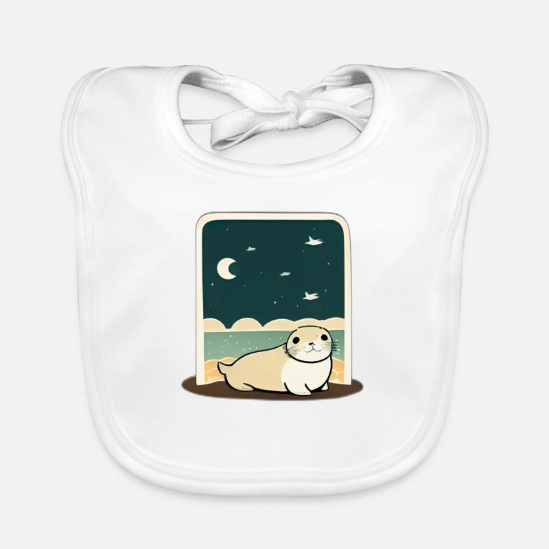 Cute Chubby Seal at Shore with Night Sky Organic Baby Bibs