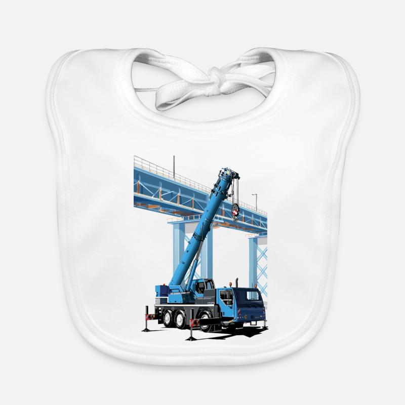 Mobile crane assembles bridge sections - Organic Baby Bibs - white