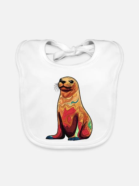 Bunter Seelöwen-Illustration - Baby Bio-Lätzchen - Weiß - Vorne