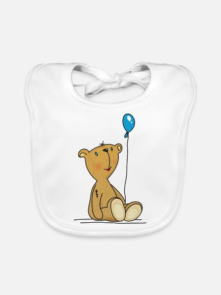 Teddybär mit blauem Luftballon Kuscheltier Kinder - Baby Bio-Lätzchen - Weiß - Vorne