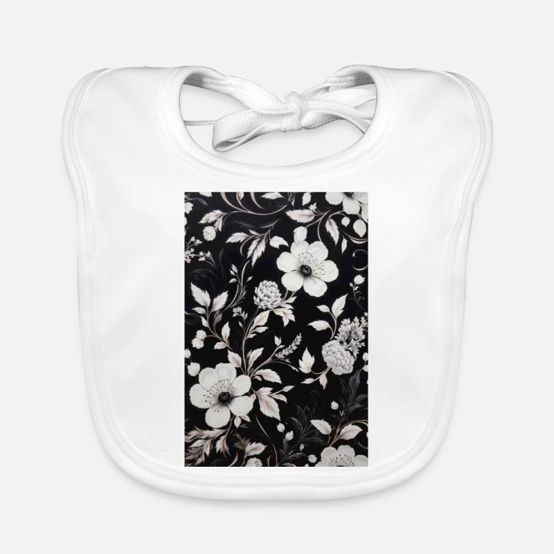 Black background with white floral pattern. Organic Baby Bibs