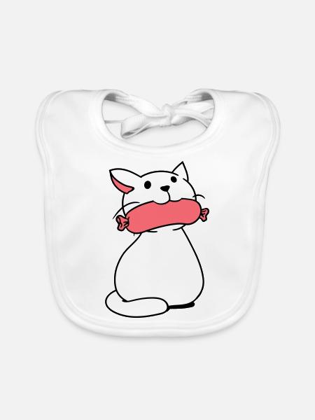 Süße Katze Isst Würstchen Mund Frisst Wurst Spaß - Baby Bio-Lätzchen - Weiß - Vorne