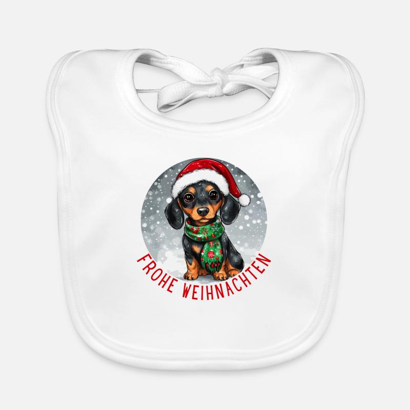 Joyeux Noël Teckel Chien Grands Yeux Bande Dessinée - Bavoir bio Bébé - blanc