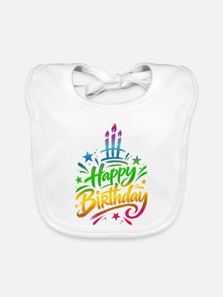 Zum Geburtstag viel Glückwunsch – bunter Farbverlauf - Baby Bio-Lätzchen - Weiß - Vorne