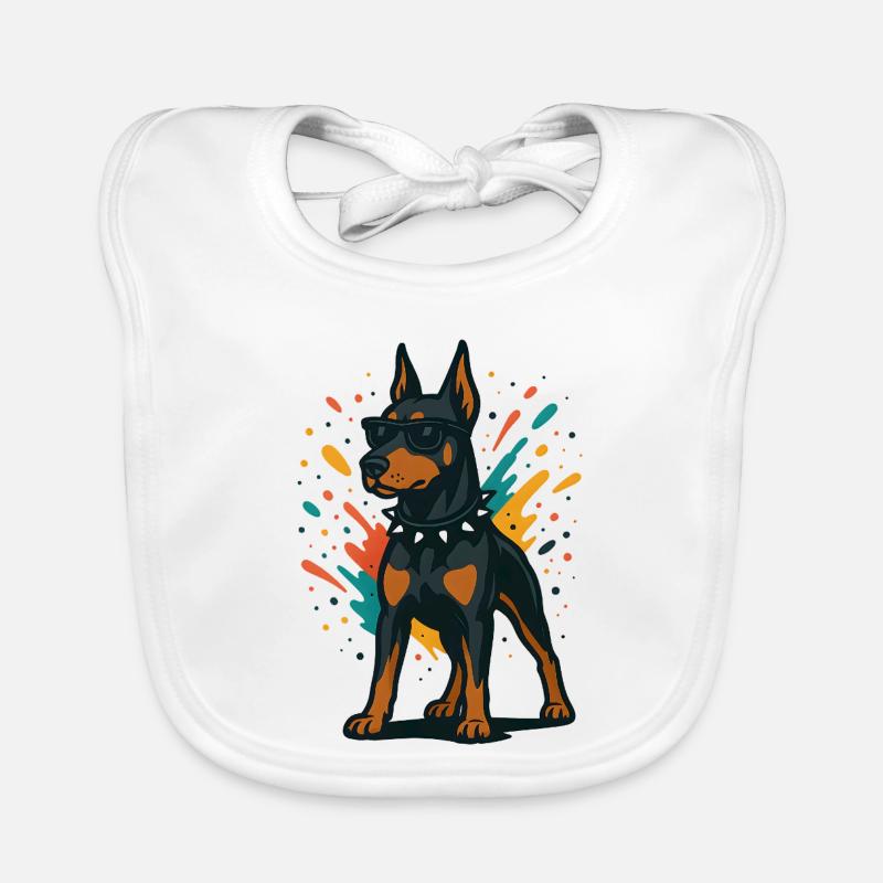 Dobermann Hund in buntem Splash Baby Bio-Lätzchen
