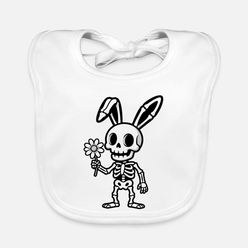 Skeleton Rabbit with Flower - Organic Baby Bibs - white