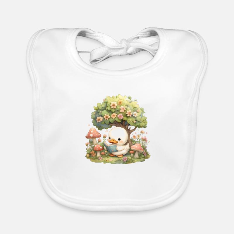Kawaii Duck Reading Under Tree Mushrooms Organic Baby Bibs