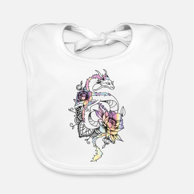 Tattoo Stil Drache mit Rosen Pastell Regenbogen Baby Bio-Lätzchen