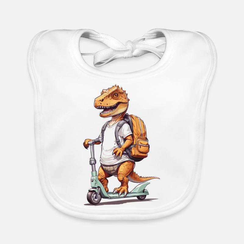 T-Rex Student on Scooter Back to School Dino Design Organic Baby Bibs