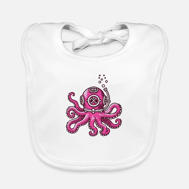 Calmar rose avec casque de plongée - Bavoir bio Bébé - blanc