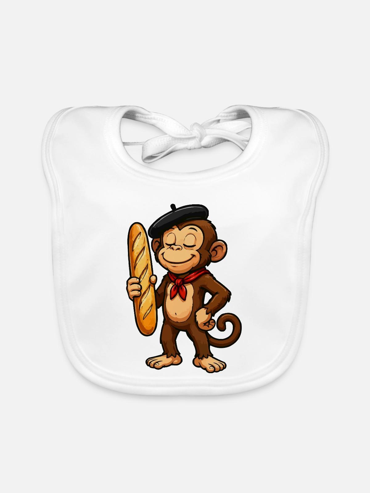Baguette-Affe mit Baskenmütze - Baby Bio-Lätzchen - Weiß - Vorne