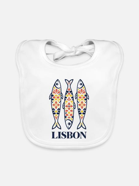 Lissabon, Portugal Sardinen, bunte Volkskunst - Baby Bio-Lätzchen - Weiß - Vorne