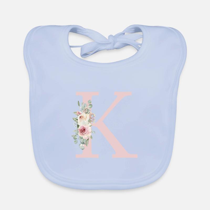 K| Monogramm | Eukalyptus-Pastell-Blumen-Blau Baby Bio-Lätzchen