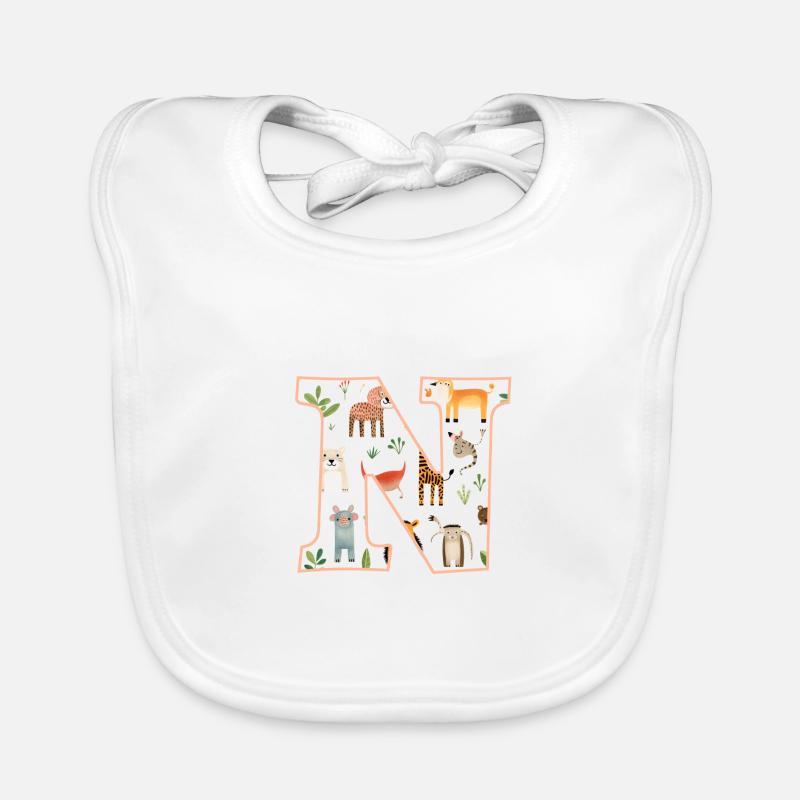 Letter N, Monogram, Animal Pattern Organic Baby Bibs