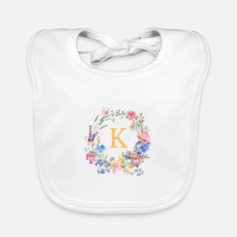 K Monogramm Floral, Blumenkranz, personalisierbar Baby Bio-Lätzchen