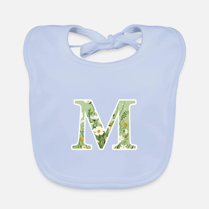 Letter M, Monogram, Floral Pattern Organic Baby Bibs