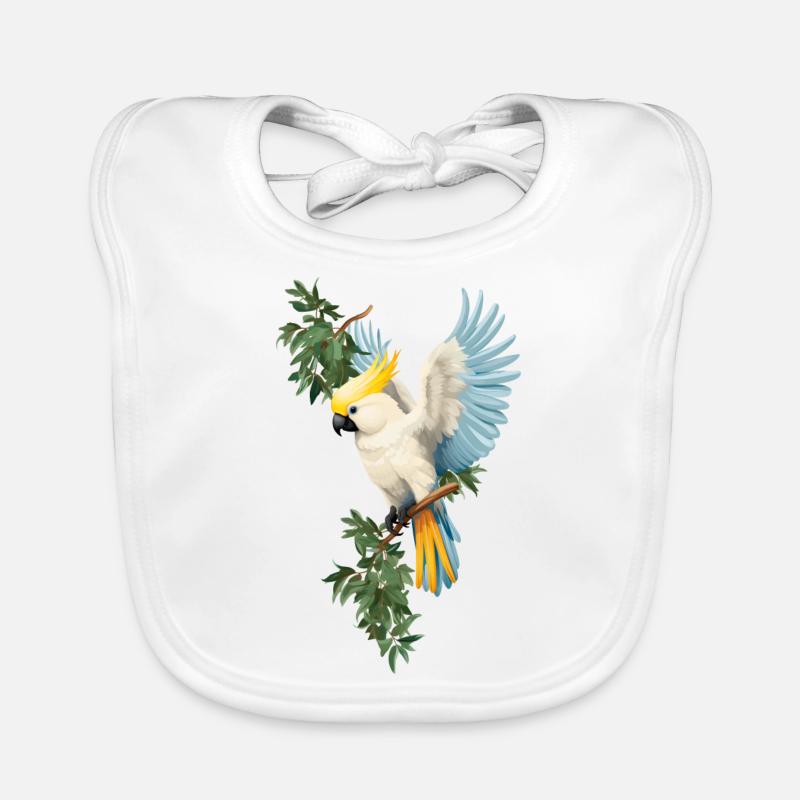 Majestueux Cacatoès : Ailes d'Azur en Éclat - Bavoir bio Bébé - blanc