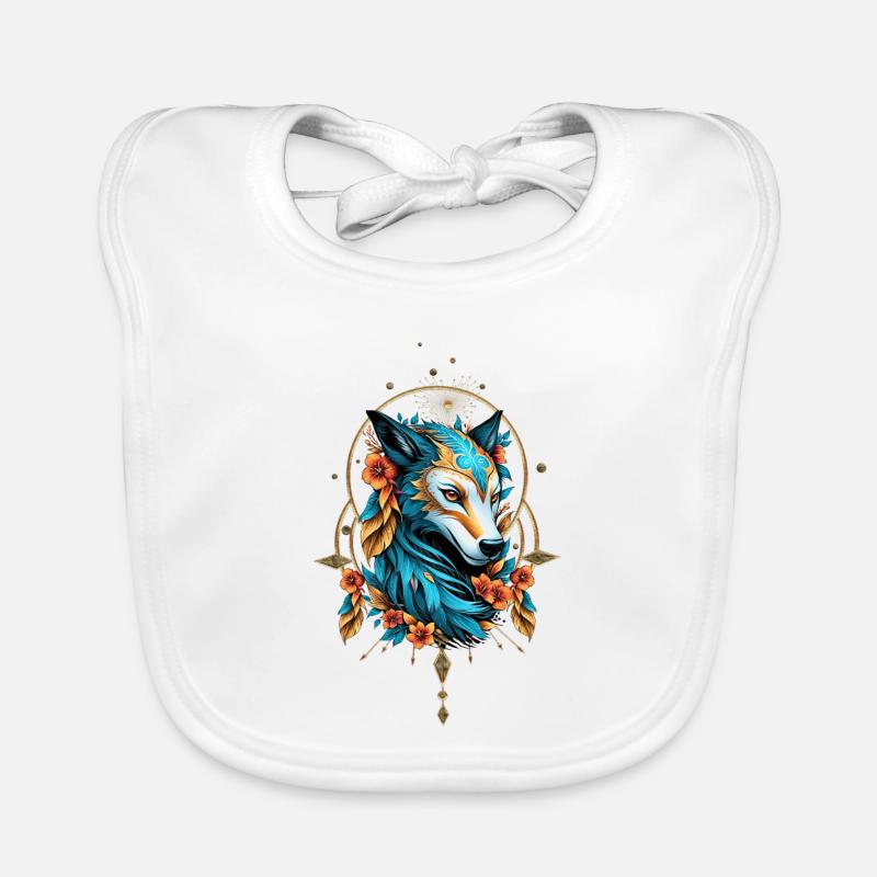 Stylized wolf with bright blue and gold fur Organic Baby Bibs