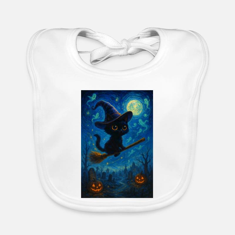 Chat noir avec un balai de sorcière - Bavoir bio Bébé - blanc