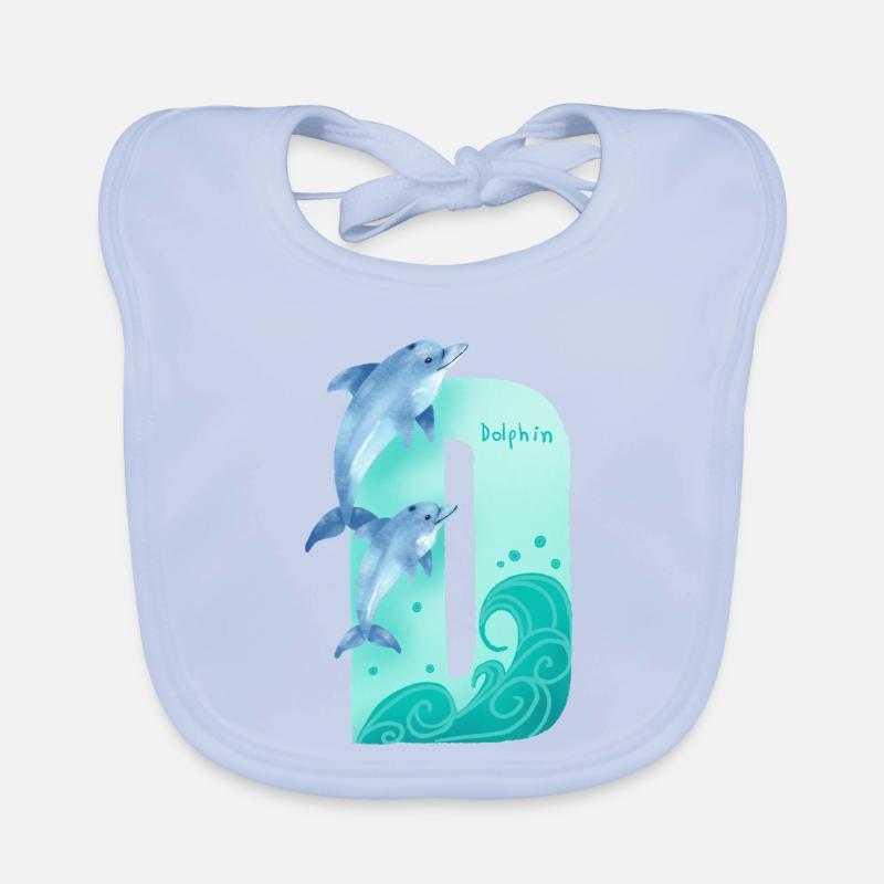 Whimsical Alphabet. Letter D. Blue Dolphin design. Organic Baby Bibs