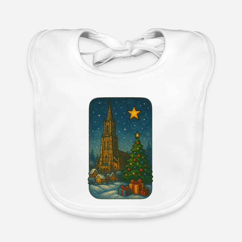 Winter church square with Christmas tree Organic Baby Bibs