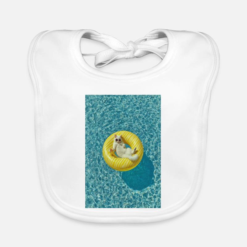 Sunlit Cat on Yellow Pool Float Organic Baby Bibs