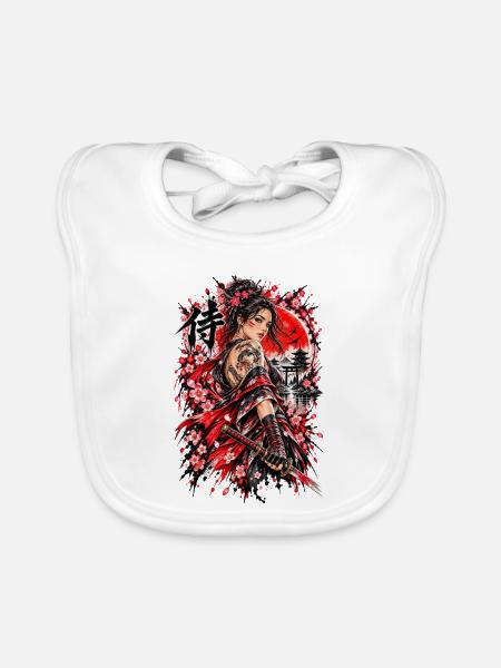 Japan Samurai Kriegerin – Sakura Design - Baby Bio-Lätzchen - Weiß - Vorne