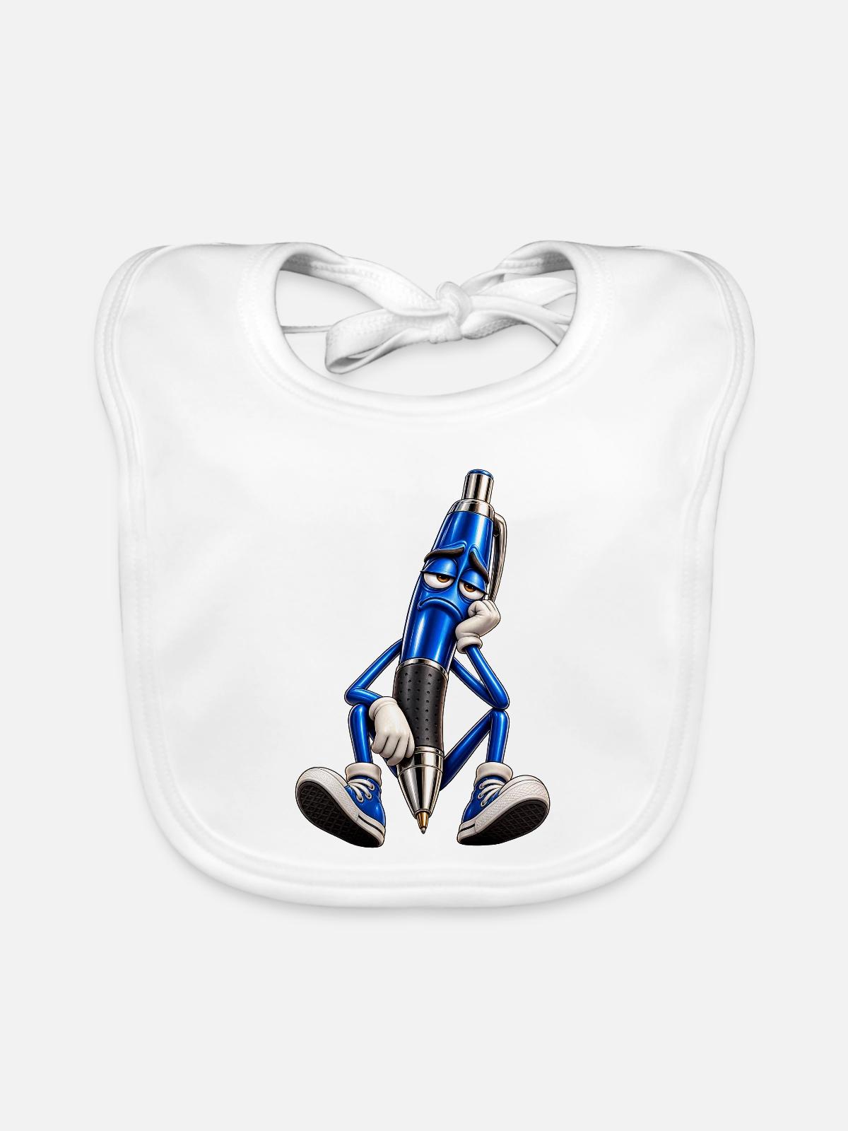 Blauer Stift Müde Cartoonfigur - Baby Bio-Lätzchen - Weiß - Vorne