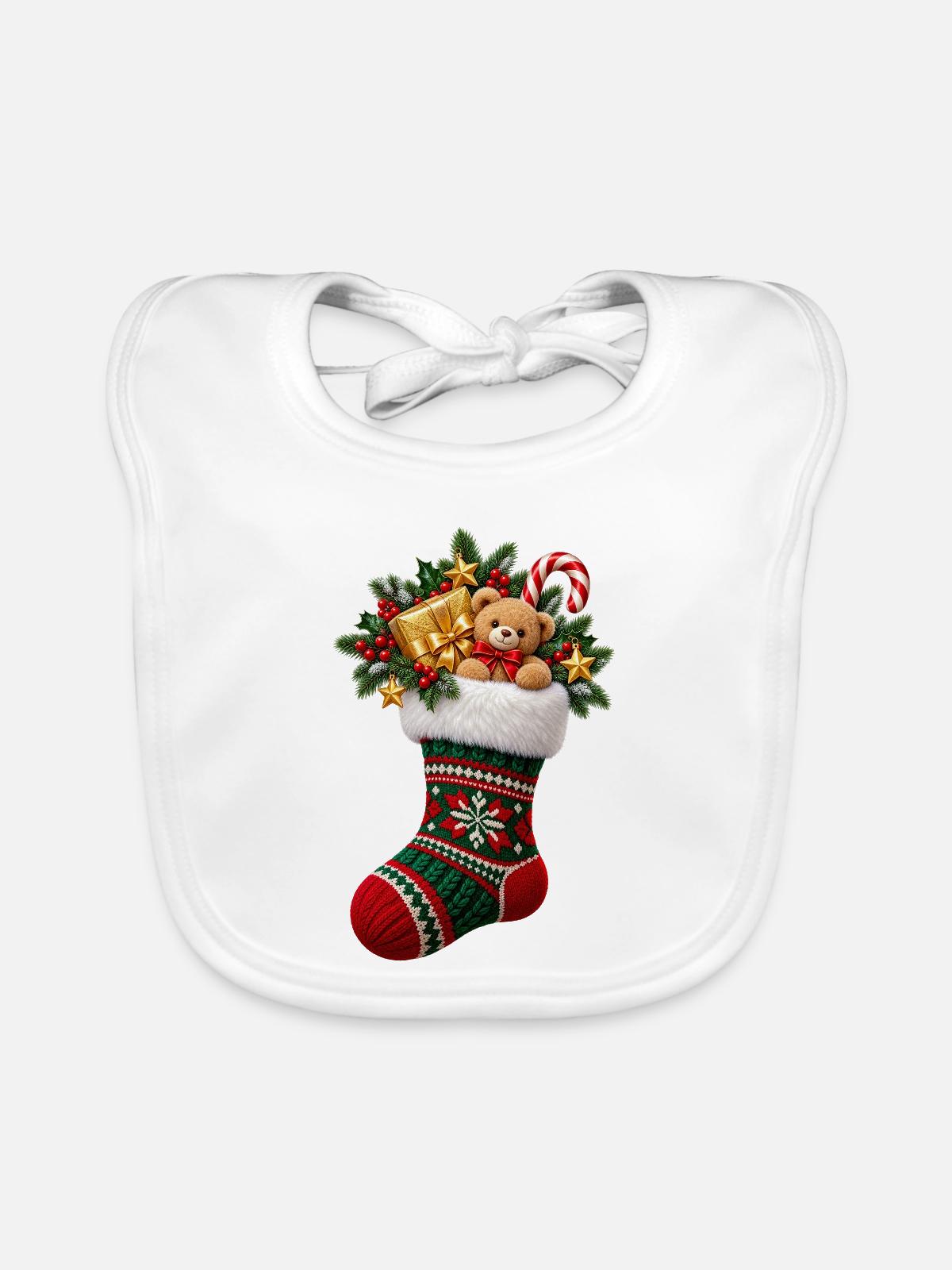 Weihnachtsstrumpf mit Teddy - Baby Bio-Lätzchen - Weiß - Vorne