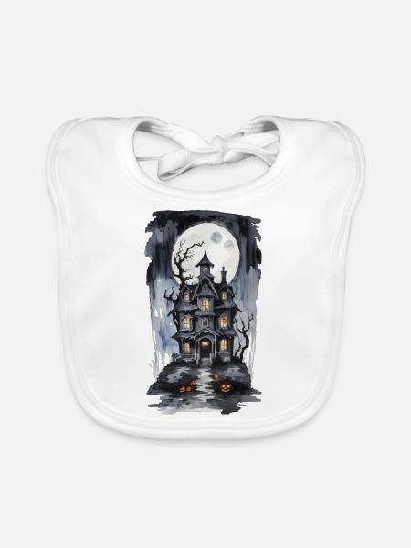 Halloween Full Moon Witch House Horror Design - Organic Baby Bibs - white - Front