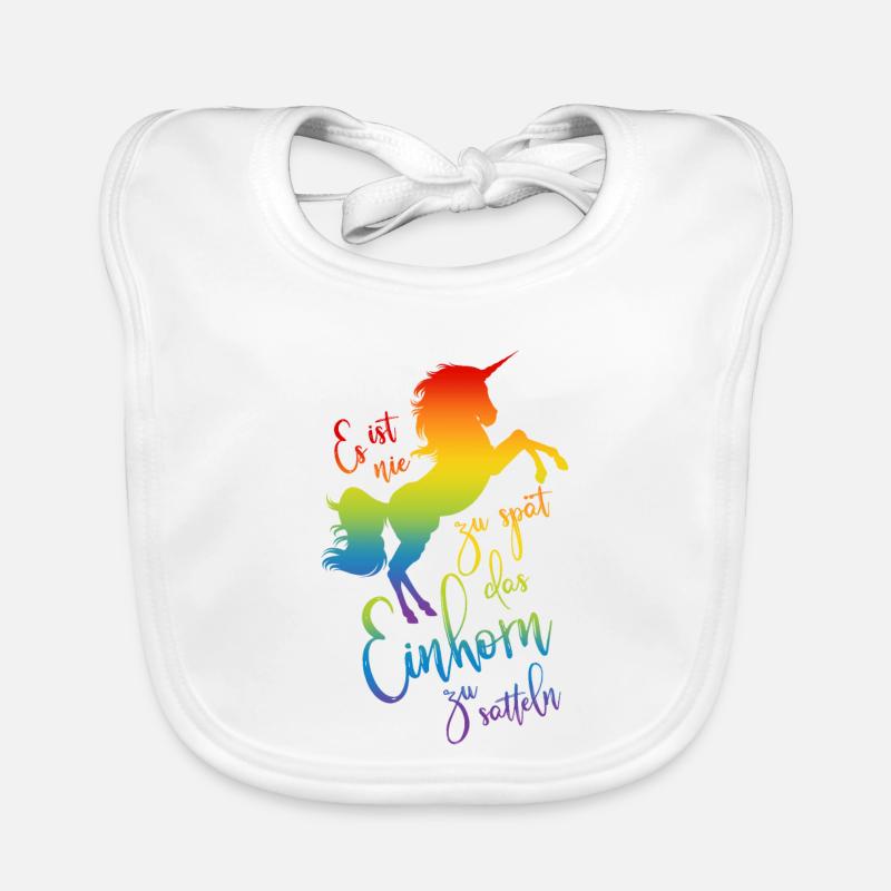Einhorn satteln Spruch Regenbogen Silhouette bunt - Baby Bio-Lätzchen - Weiß