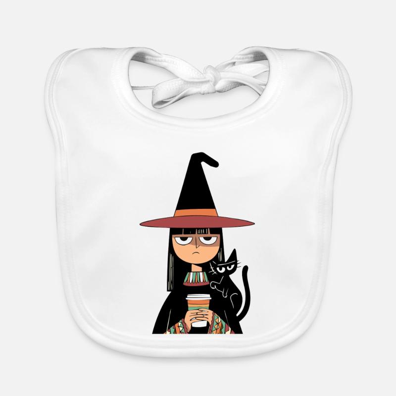 Grumpy Witch with Coffee and Black Cat – Halloween - Baby Bio-Lätzchen - Weiß