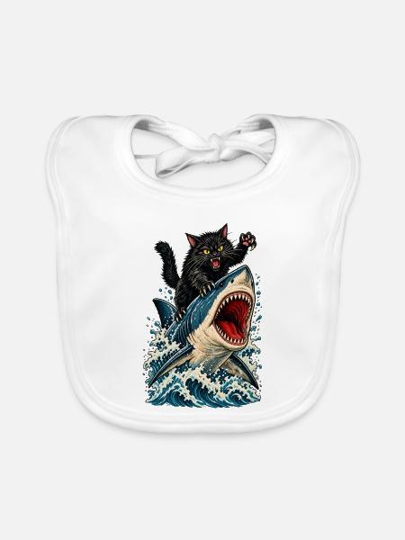Angry Black Cat Riding a Great White Shark - Baby Bio-Lätzchen - Weiß - Vorne
