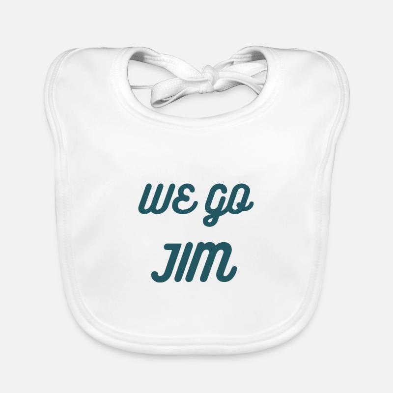 we go Jim, gym funny with blue text Organic Baby Bibs