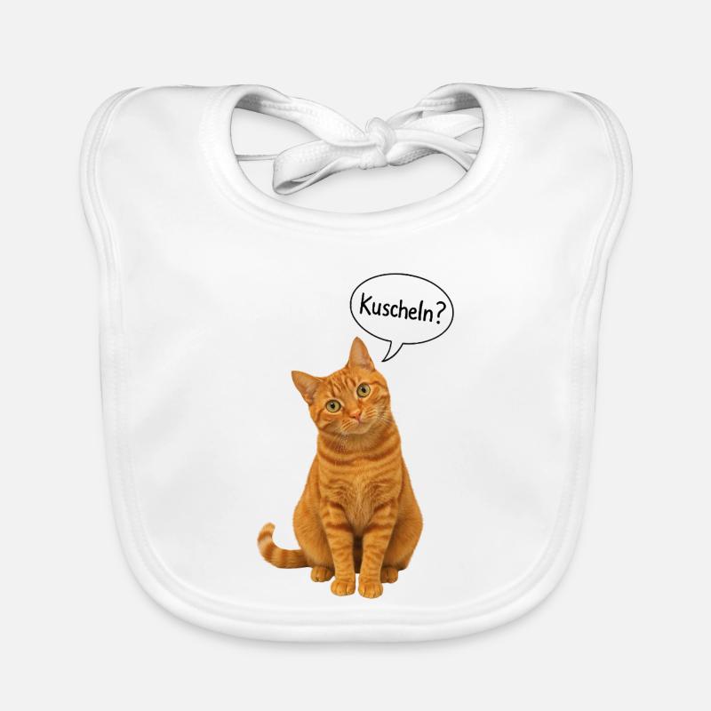 Red cat with tilted head asks: "Cuddle?" Organic Baby Bibs