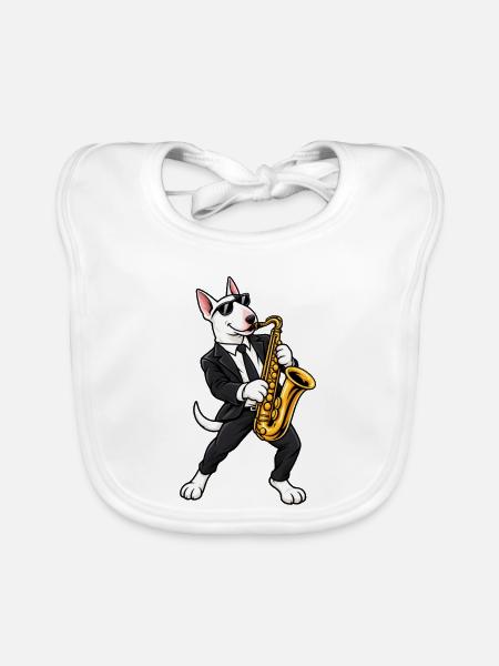 Bull Terrier beim Saxophonspielen - Baby Bio-Lätzchen - Weiß - Vorne