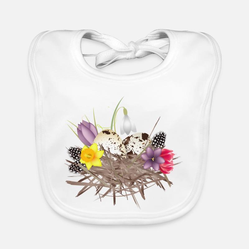 Spring nest with eggs, feathers and spring flowers Organic Baby Bibs