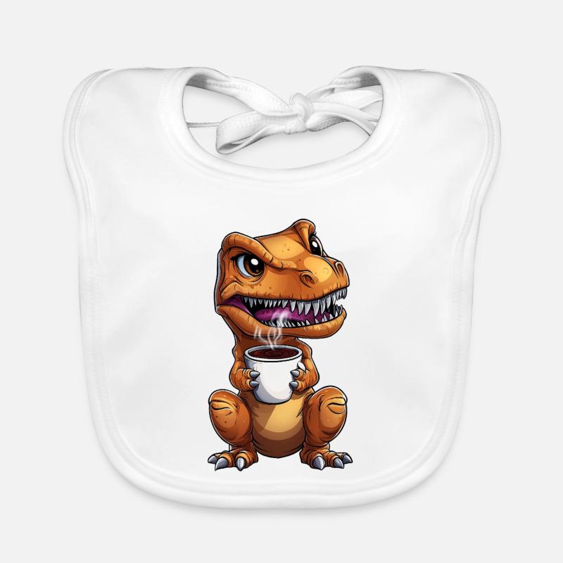 T-Rex Dino grincheux du matin avec :) café - Bavoir bio Bébé - blanc