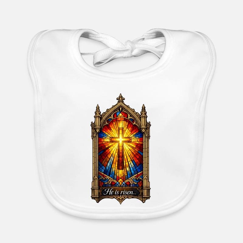 He is Risen Cross in Stained Glass Window Easter Organic Baby Bibs