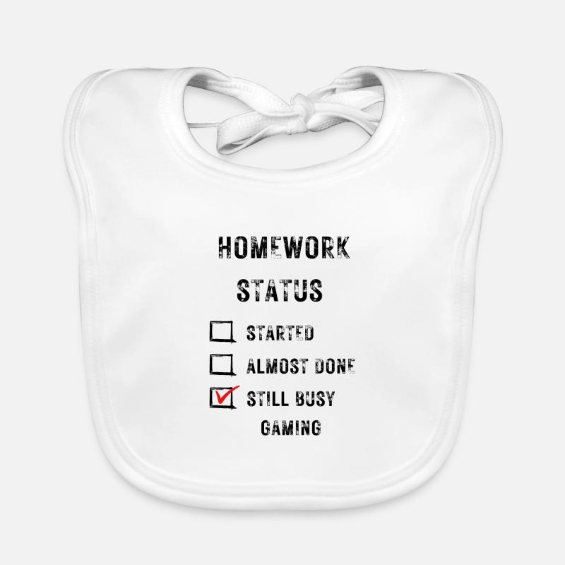 gaming funny homework status with black text Organic Baby Bibs