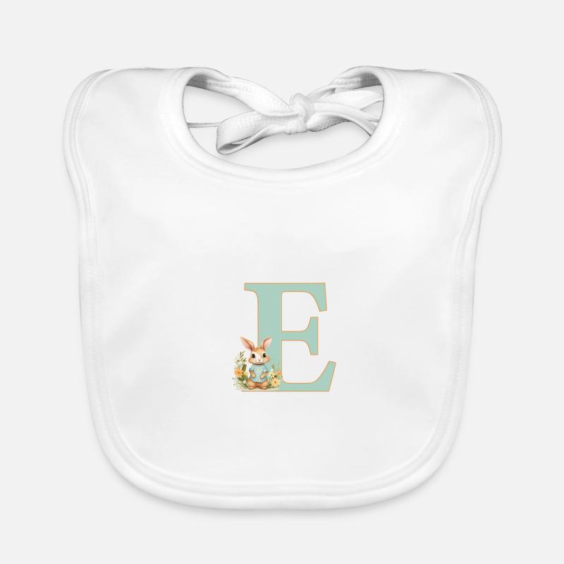 Buchstabe E, Monogramm, Blumen, Hase - Baby Bio-Lätzchen - Weiß