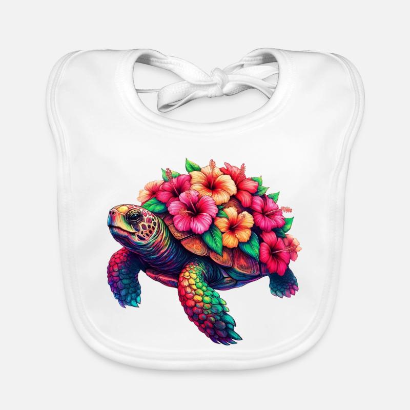 Tortue aux fleurs d’hibiscus - Bavoir bio Bébé - blanc