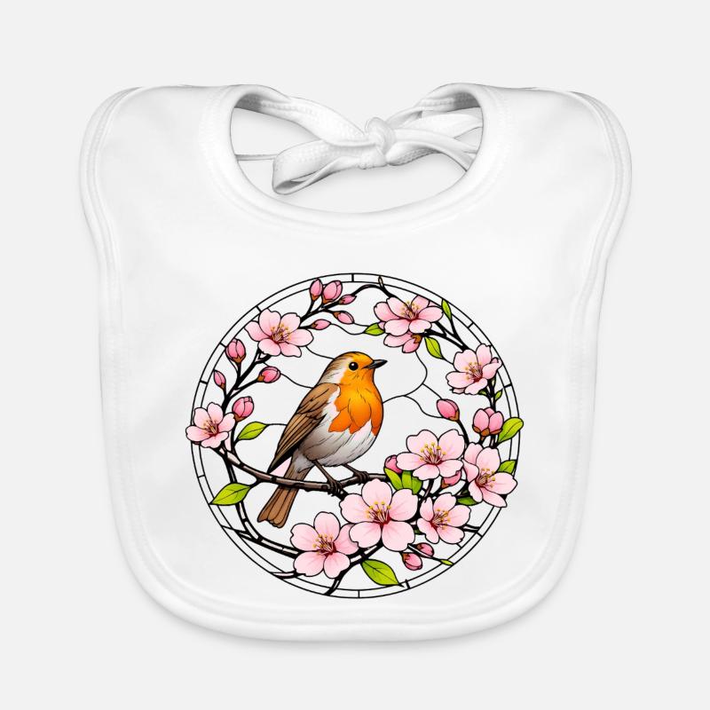 Robin with cherry blossoms stained glass window style Organic Baby Bibs