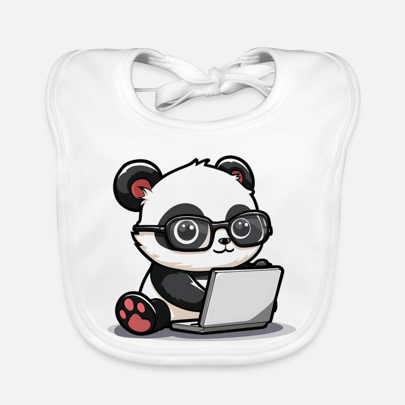 Panda Dessin animé travaillant sur un ordinateur portable avec des lunettes - Bavoir bio Bébé - blanc
