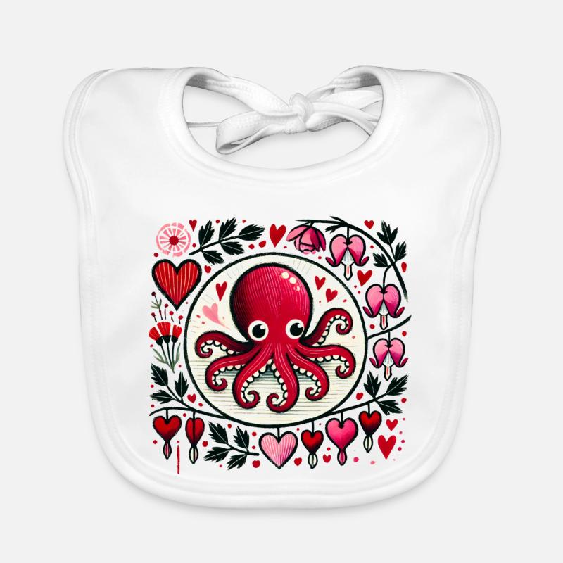 Whimsical Red Octopus with Floral Hearts Organic Baby Bibs