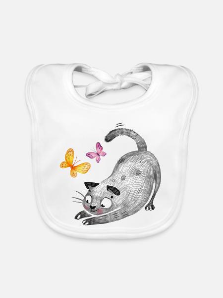Katzenspiel mit Schmetterlingen - Baby Bio-Lätzchen - Weiß - Vorne