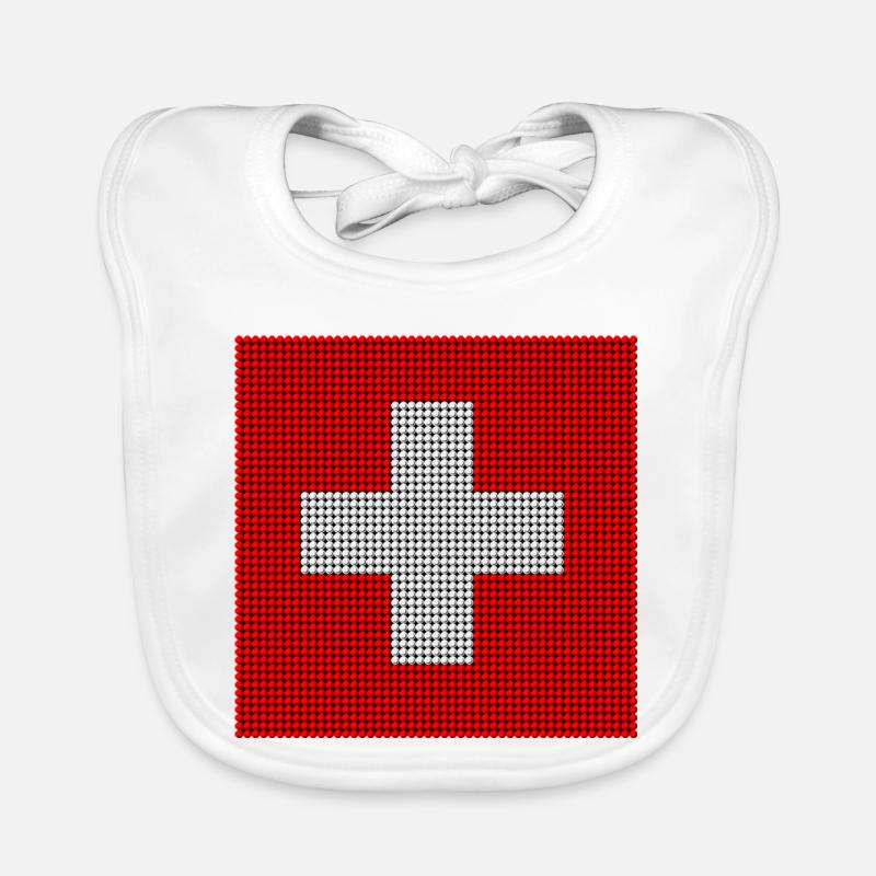 Drapeau suisse - Mosaïque perlée - Bavoir bio Bébé - blanc