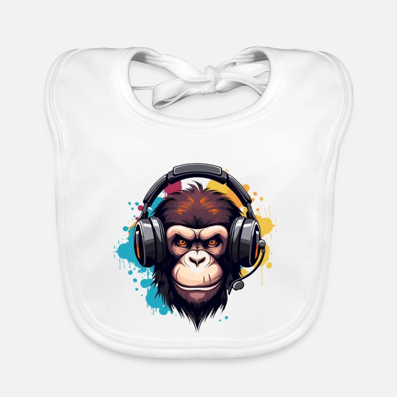 Singe avec des écouteurs, animal, chimpanzé, singe - Bavoir bio Bébé - blanc