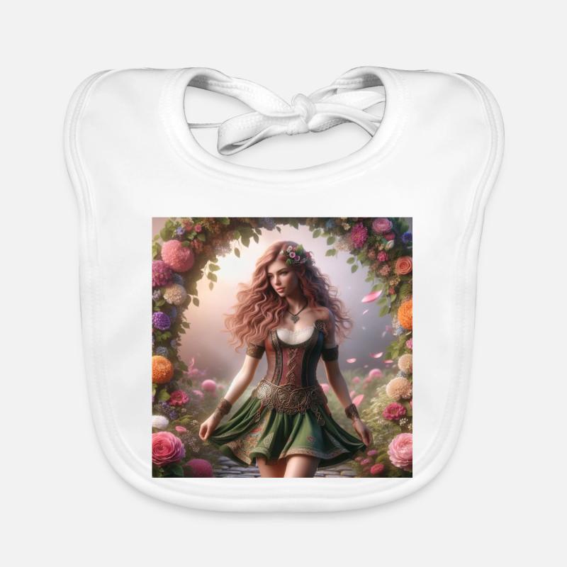 Femme celtique dans une arche de fleurs - Bavoir bio Bébé - blanc